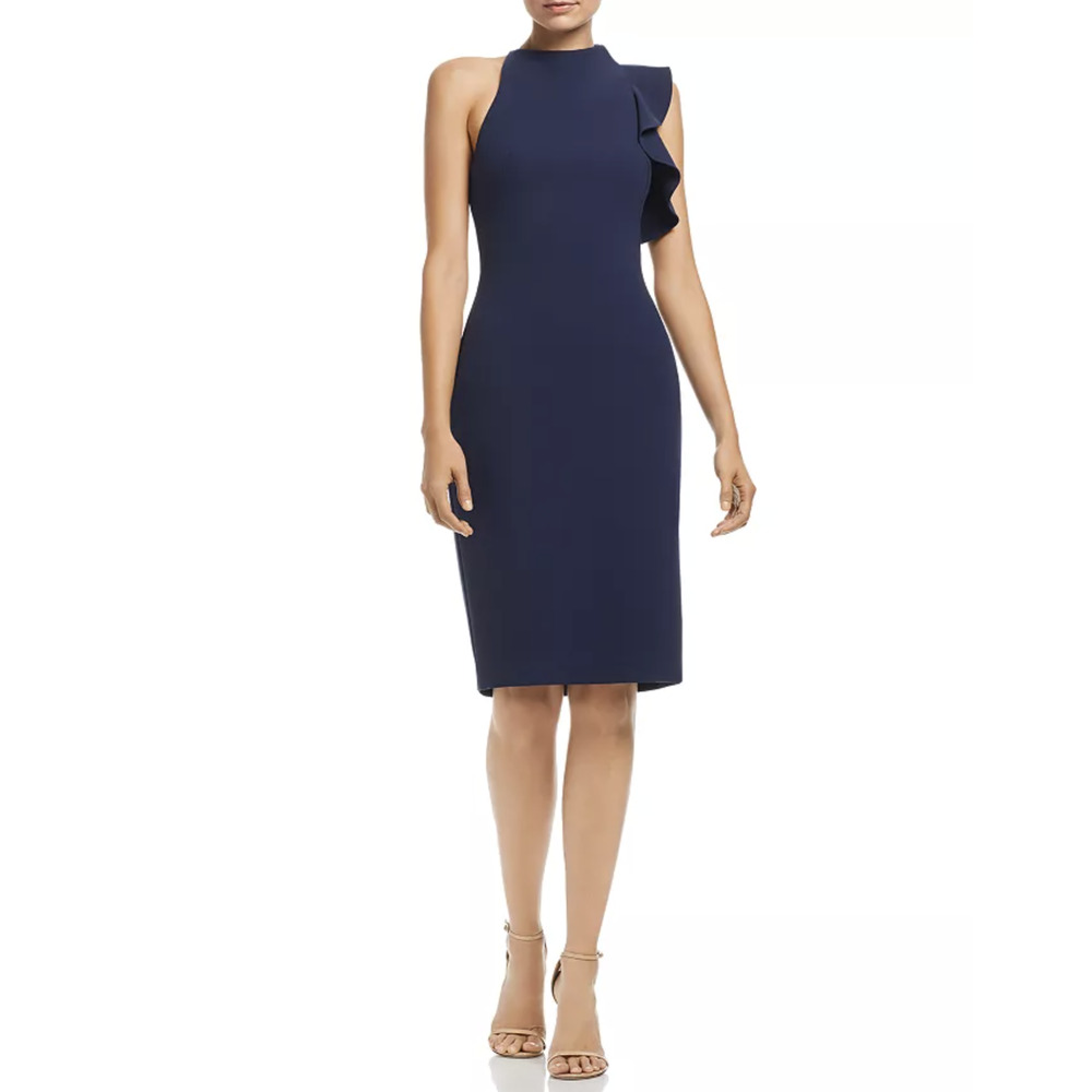 Black Halo Pabla Navy Blue Asymmetric Ruffle Mock Neck Sheath Dress Sz 12 Career